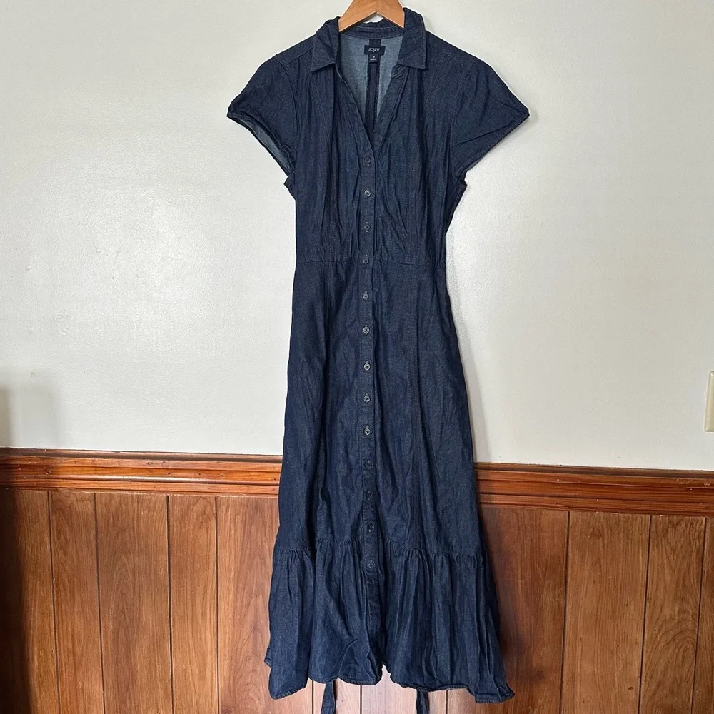 J. Crew Denim Tie Waist Tiered Hem Midi Dress Size 8 Old Money Preppy Minimalist - Picture 3 of 14